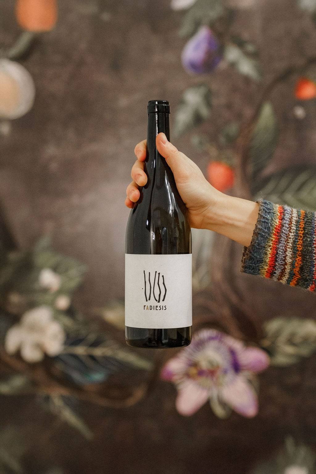 Bottiglia di Fadiesis, bianco PIWI di Sella, tenuta in mano davanti a uno sfondo botanico